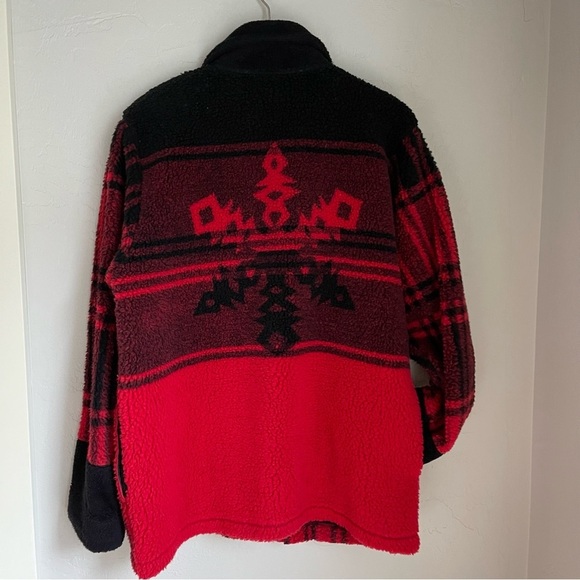 Vintage Duffel Outdoor Oversize Red Fleece Jacket with Snowflake Print Jacket - Picture 2 of 11
